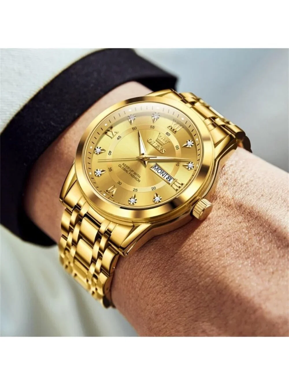 Men's Gold Dimond Stainless Steel Luminous Quartz Waterproof Round Classic Watch